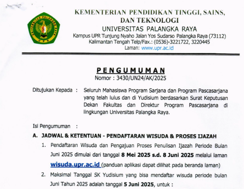 Pengumuman Pendaftaran Wisuda dan Proses Ijazah FKIP UPR Periode Juni 2025